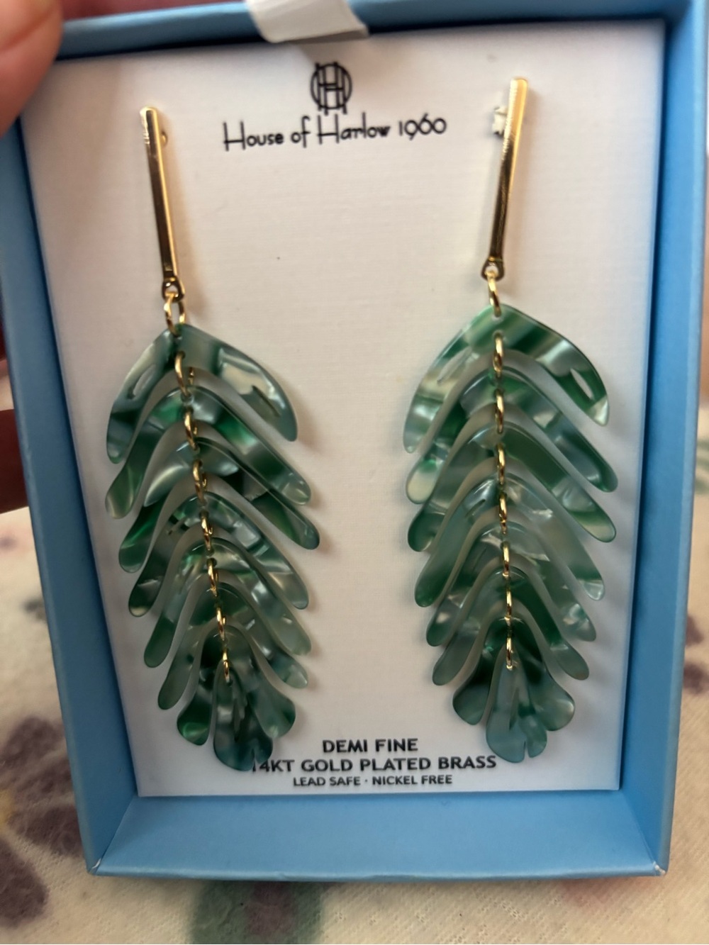 House of Harlow 1960 Green and Gold Layered Leaf Dangle Earrings